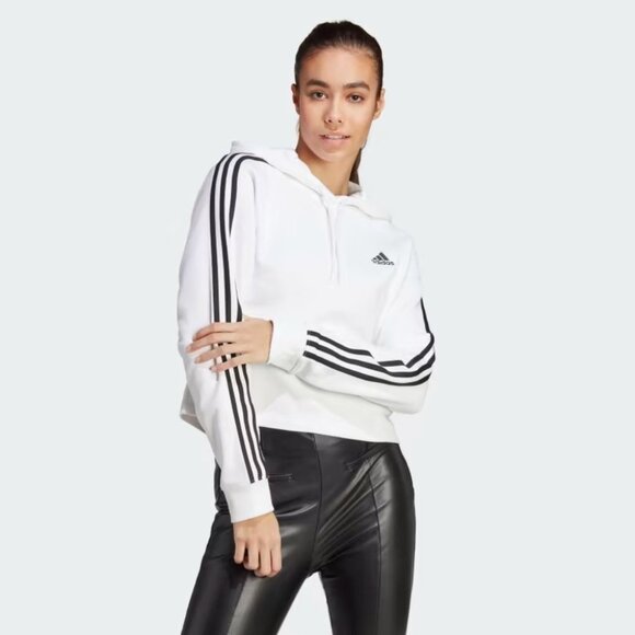 adidas White Essentials 3-stripes French Terry Crop Hoodie size S - Picture 1 of 16